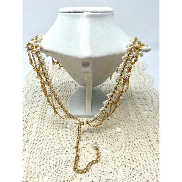 Vintage-Inspired Multi-Strand Gold & Pearl Necklace 38" Total Length - Picture 5 of 12